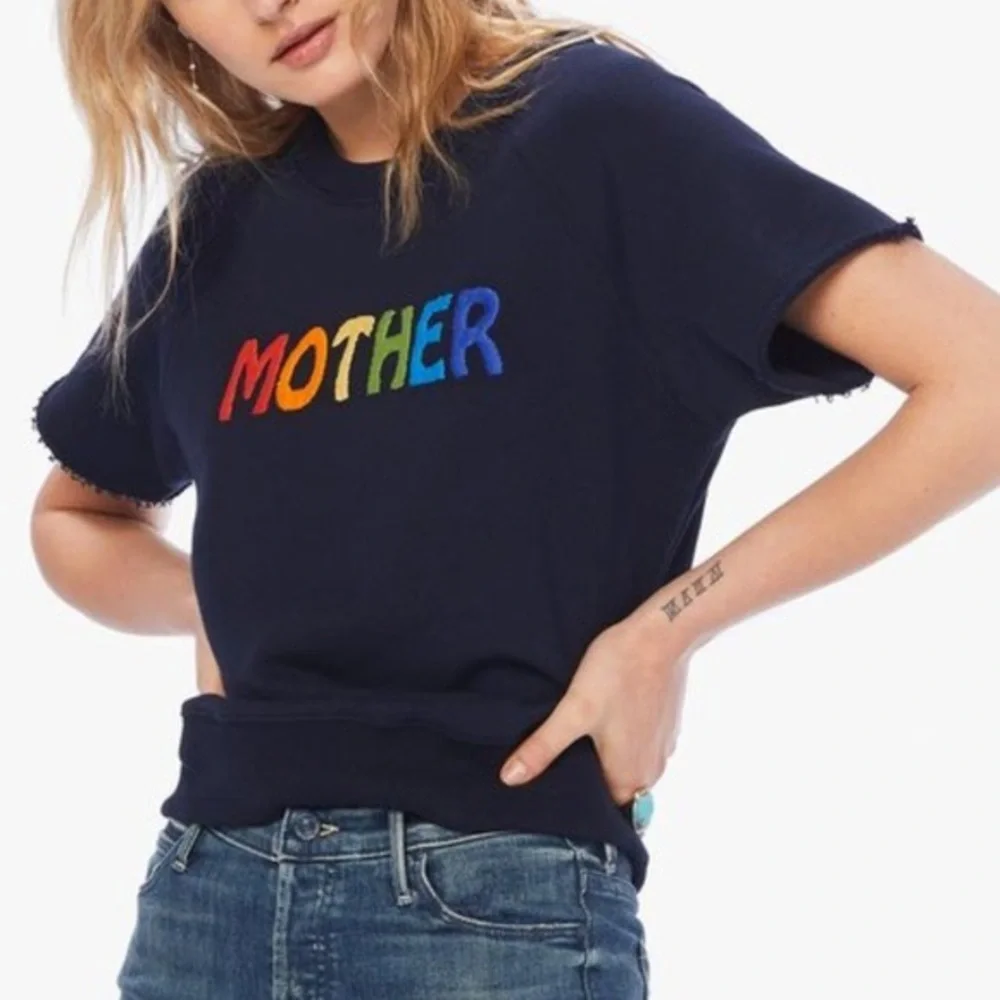 Mother The Raw Sleeve Square Sweatshirt Top *Goes South* Navy Rainbow Sz S - Picture 2 of 14